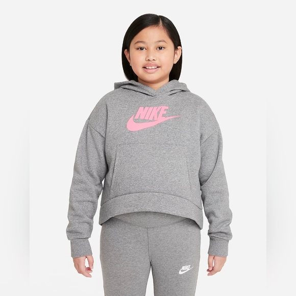 Girls Nike Sportswear Club Fleece Hoodie Carbon Heather/Artic Punch - Picture 3 of 6